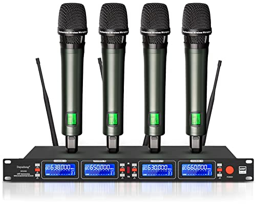 Depusheng Microfoni wireless Microfono palmare wireless dinamico professionale 4 canali, set per karaoke, ricezione a lunga distanza di 100 metri, Ottimo per palcoscenico festa matrimonio