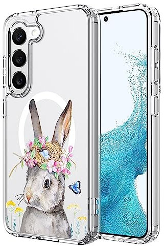 UNNKINE Magnetische Hasen-Schutzhülle für Samsung Galaxy S23, kompatibel mit MagSafe kabelloses Laden, niedliches Kaninchen-Design, stoßfest, kratzfest, für Männer und Frauen (transparent)