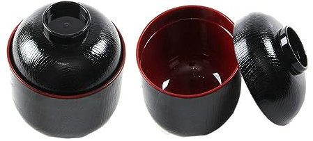 Leadigol Cuenco de sopa Miso con tapa de estilo tradicional japonés de melamina, fideos, arroz, miso, cuencos de sopa, cuenco negro y rojo, cuenco de fideos de gran capacidad