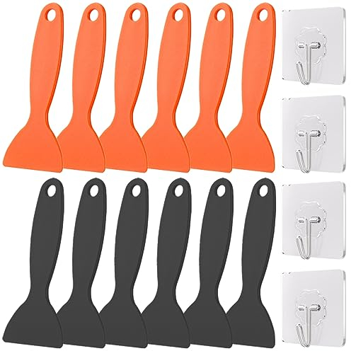 Xiatiaosann 12 Pcs Plastic Resin Removal Scraper, Flexible Paint Spatula Putty Knife Air Bubble Remover Sticker Installation Tool 2 Color (Black/Orange) for Resin 3D Printer Cleaning