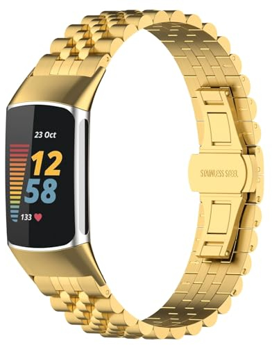 KAREN66 Metall Armband Kompatibel mit Fitbit Charge 6/Charge 5 Armband, Edelstahl Uhrenarmband für Damen Herren (Gold, 18 mm)