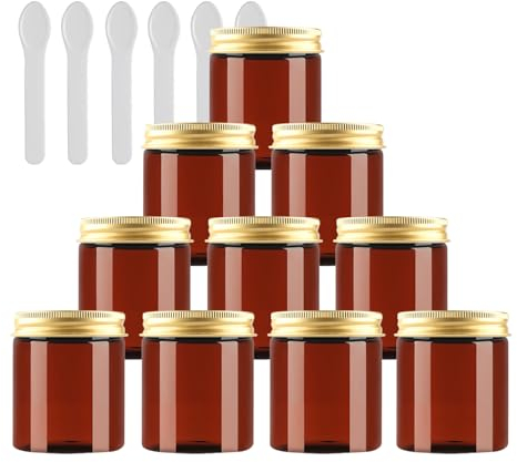 PQPAUTY 24 Pièces Vides Petit 250 ml Marron Cosmétique Pot en Plastique avec Couvercle Or 250 g Pots de Cosmétique Crème de Bouteille Contenant avec 6x Spatules