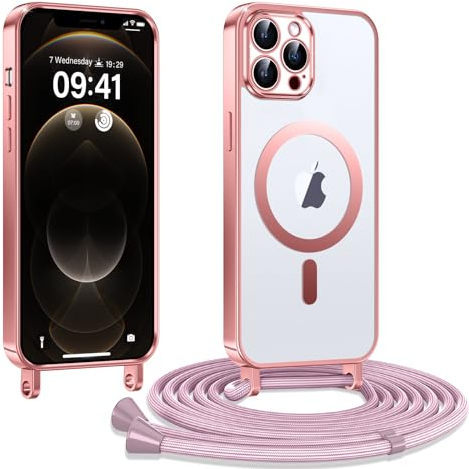 Kokio Handykette Hülle für iPhone 12 Pro Max mit Band, Magnetische Transparent Handyhülle Kompatibel mit MagSafe, Kratzfeste Stossfest Schutzhülle mit Einstellbar Kette, Rosé