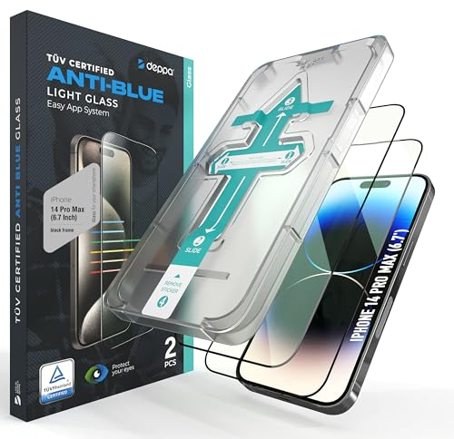 Deppa |2 Stück| für iPhone 14 Pro Max (6.7') Augenschutz Zertifizierter Blaulichtfilter mit Schablone | Stoßfest | Vollständige Abdeckung | Blasenfreie