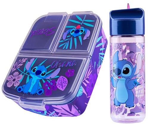 Disney Stitch Boîte à Goûter avec Compartiments et Gourde Enfant - Parfait pour l'École (Bleu/Violet)