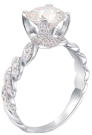 Skcess 14 Karat Weißgold Ring Frauen Weiß Moissanit Runden, Ringe Damen 4 Zinken Rund 8x8mm mit 2 Karat Moissanit Ringe Frauen Größe 61 (19.4)