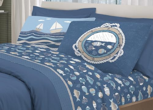 BIANCHERIAWEB Bettwäsche-Set Pensieri Delicati, 100 % Baumwolle, Motiv: Ozean, für Einzelbett, Blau