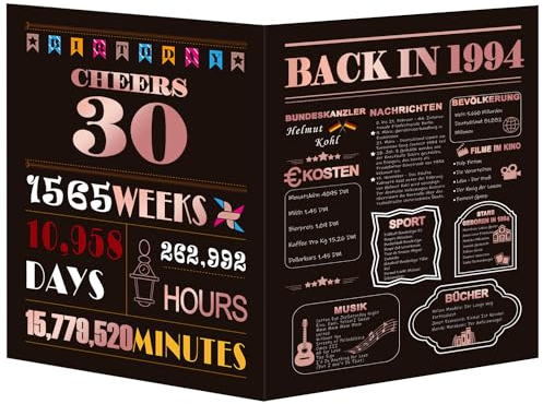 AEYAKA Geburtstagskarte 30 Inkl. Umschlag 1994 Jahrgang 30 Geburtstag Geschenke Frau Geschenkidee Glückwunschkarten Große Heißprägen Geschenk Grußkarte 20 * 25cm Back in 1994 Jahreschronik