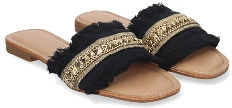 shoes&blues.es Sandali estivi piatti da donna, eleganti e comodi, con frange ornamentali., Nero , 36 EU