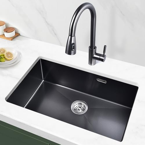 Fregadero de cocina, fregadero de acero inoxidable de un seno + grifo monomando + fregadero bajo encimera, negro.(60 * 43cm)