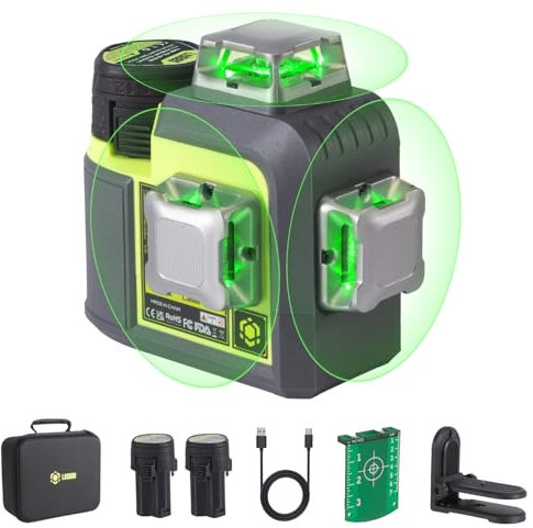 LasGoo 3D-RS12 Laser-Nivelliergerät: 3x360° grüner Strahl, selbstnivellierend, ideal für Bau und Bilderaufhängung. Mit 2 wiederaufladbaren 11.1V-Batterien, magnetischem Ständer und Type-C-Kabel