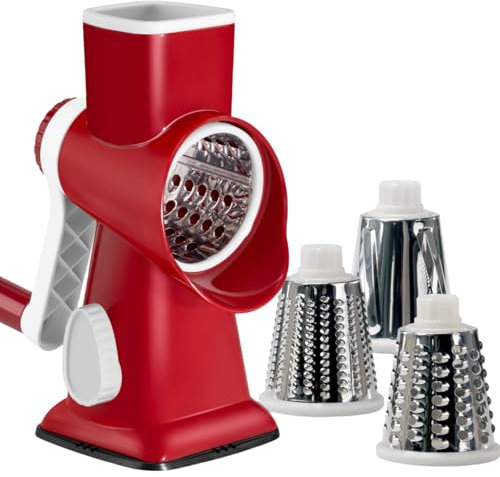 LacusMare Rotary Cheese Grater with 3 Blades for Slicing, Coarse Grating & Fine Shredding, Graters for Kitchen with Stable Suction Base, Vegetable Slicer for Cucumber, Carrot, Potato, Nuts (Red)