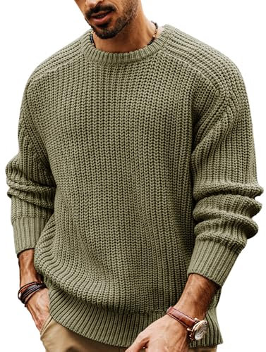 PJ PAUL JONES Mens Jumper Crew Neck Thick Warm Sweater Chunky Knit Jumper Long Sleeve Sweater Green M