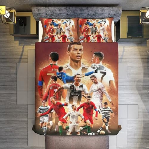 Fußballfan Bettwäsche 135x200 für Kinder, Jungen Teenager Bettbezug-Set für Einzelbett, Moderne Cartoon Bedruckte Bettbezüge mit Reißverschluss und 2 80x80cm Kissenbezug,u