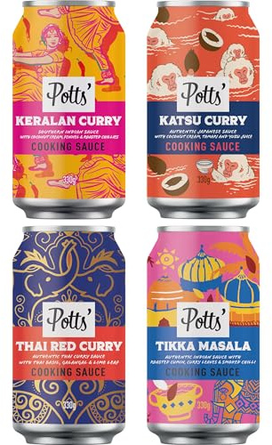 Potts’ Katsu Curry, Tikka Masala, Thai Red Curry, & Keralan Sauce in Can, 330g Each - Mixed Sauce Cans for Vegan & Traditional Meals - Easy Open Can, Ready to Use Stock