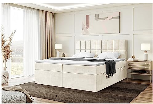 MEBLINI Boxspringbett mit Bettkasten - Gepolstert Doppelbett mit Matratze und Topper - Polsterbett mit Stauraum - Bett mit Kopfteil - Stauraumbett - Lukas - 200x200 - H4/Creme Samt