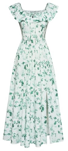 GRACE KARIN Robe Maxi Femme Col Bardot Volants Imprimé Fleurs Bleues Taille Haute Ligne A Élégante Plage CL0213-03/Blanc et Vert XXL