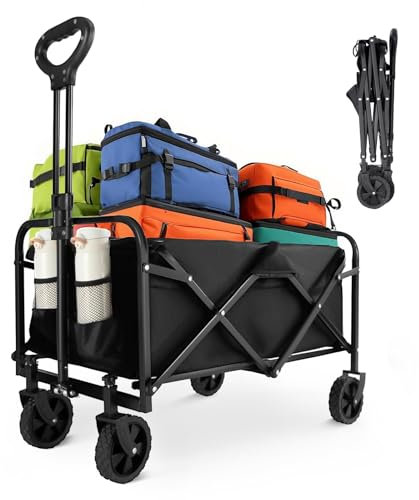 ForenTex Carro Plegable 59L 120KG con Ruedas Todoterreno, Carrito de Transporte Resistente para Camping, Jardín y Compras, Compacto, Asa Ajustable con Portavasos y Gran Capacidad de Carga