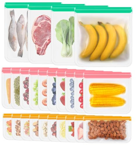 KBIBCK 24 Pack Reusable Freezer Bags, BPA Free Sandwich Bag, Leakproof Food StorageBags, Clear SiliconeBags Gallon Freezer Bags for Keeping Lunch, Snack, Fruit, Vegetable, Soup Fresh for Longer
