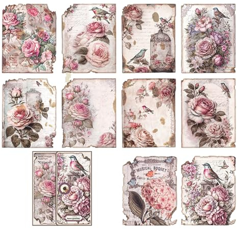 10 Stück Scrapbook Papier,Vintage Blume Blätter Paper Dekorative Decoupage,Aesthetic Flowers Basteln Scrapbooking Cutout Decor Set,Craft Kunstblätter Scrapbook-Papier für Book Journal Decoration