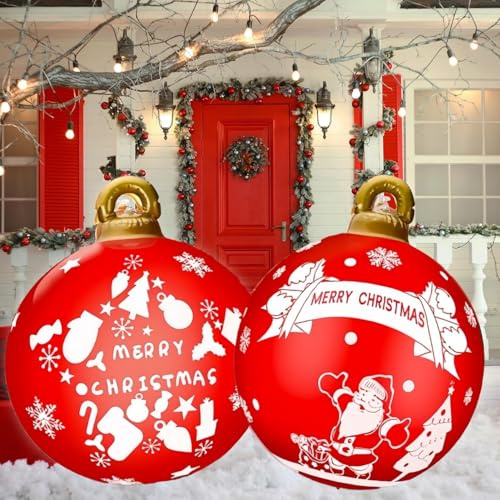 LATERN 2 Stück Riesige Aufblasbare Weihnachtskugeln, 60CM PVC Aufblasbare Dekokugel Schneeflocke Weihnachtsmann Weihnachts Ornament für Weihnachten Drinnen Draußen Haus Garten Rasen Hof Dekoration