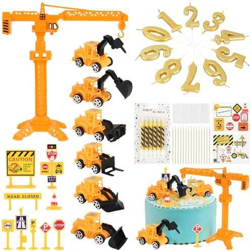 Qichan 42 PCS Digger Cake Topper, Construction Cake Toppers with Road Toy Sign, Tower Crane, Excavator, Candles, Digger Birthday Decorations for Boys Birthday Anniversary Party Decorations