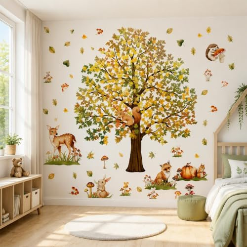 Stickers Muraux Animaux Grand Autocollant Mural Arbre Forêt Autocollants Muraux Étanches Amovibles Renard Cerf Hérisson Champignon Lapin Déco Murale Chambre Enfant Bébé Salle de Bain Fenêtres Portes