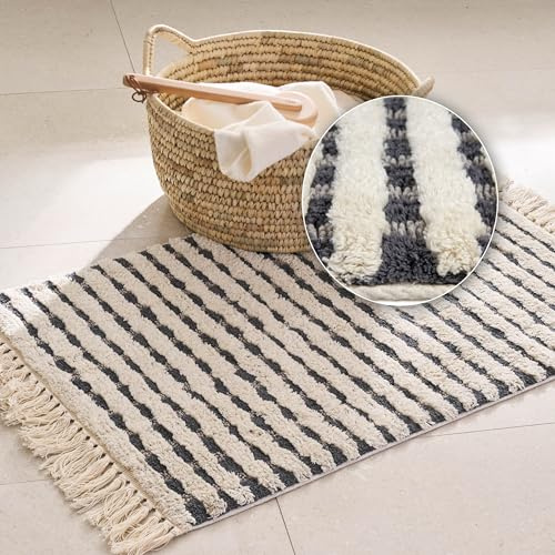Waschbarer Badteppich einfarbig - Gitter Creme 67 x 110 cm (Rechteckig) | Rutschfester Badteppich Badezimmer Badematte 100% Baumwolle Badvorleger Trockner geeignet Duschvorleger nimmt Nässe auf