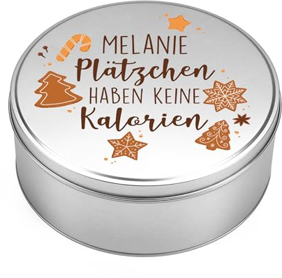 Herz & Heim® Personalisierte Keksdose zu Weihnachten – Runde Plätzchendose aus Metall mit Deckel – Weihnachtsdose mit Name und lustigem Spruch – Blechdose, 20 cm Ø