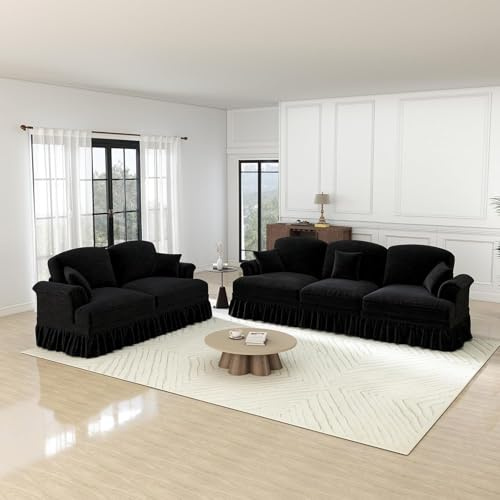 SHAIRMB Wohnlandschaft U Form, Modulares 4 Sitzer Sofa, mit 2 Ottomane, Trichter-Armlehnen, Abnehmbarer Rüschenschürze & Beweglichem Hocker, Chennille-Stoff, fürs Wohnzimmer,Schwarz,3 Seats+2 Seats