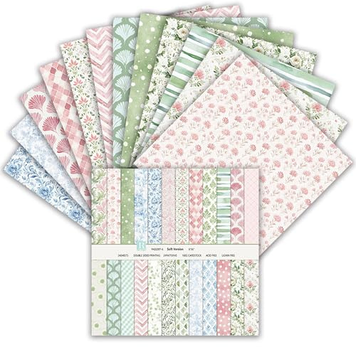 Scrapbook Papier 24 Blatt, 15,2 x 15,2 cm, Doppelseitiges Muster Papier, Dekorpapier Set, Mehrfarbig Craft Papiers für DIY Fotoalbum und Scrapbook Dekoration (Grün und Rosa, 6 Zoll)