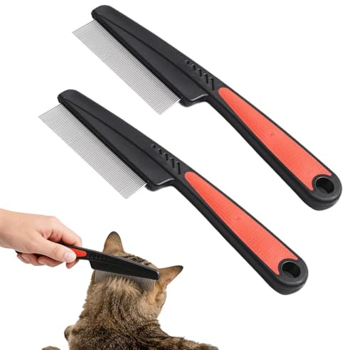 2 Pcs Flohkamm für Hunde und Katzen, Edelstahl | Katzenkamm, Professionelles Pflegewerkzeug für Floh- und Läusebefall mit abgerundeten Zähnen für sanfte Fellpflege bei kurzem
