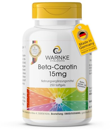Beta-Carotin 15mg - 250 Softgels - 15mg pro Softgel (entspricht 25.000 I.E.) - Provitamin A - HOCHDOSIERT - Deutsche Apothekenqualität | Warnke Vitalstoffe