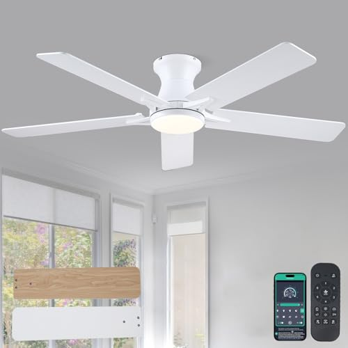 Kviflon Ventilador de techo plano de 132 cm con iluminación LED y mando a distancia, blanco - Motor reversible silencioso, ventilador de techo empotrable moderno para dormitorio