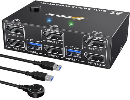 Displayport KVM Switch 2 Monitors 2 Computers 8K@30Hz 4K@144Hz, USB3.0 Dual Monitor KVM Switch for 2 Computers Share 2 Monitors and 4 USB Peripherals,with Wired Remote and 2 USB Cable