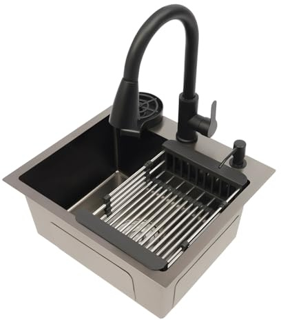Fregadero de cocina de 45 x 40 cm, color negro, 1 cuenco, con grifo extensible y lavavajillas de tazas, fregadero cuadrado empotrable de acero inoxidable con escurridor y dispensador de jabón