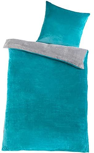 DreamHome Winter Wende Plüsch Bettwäsche 135x200 Nicky-Teddy Cashmere Touch Coral Fleece Bettdezug + Kissenbezug 80x80, Farbe:GRAU-Petrol