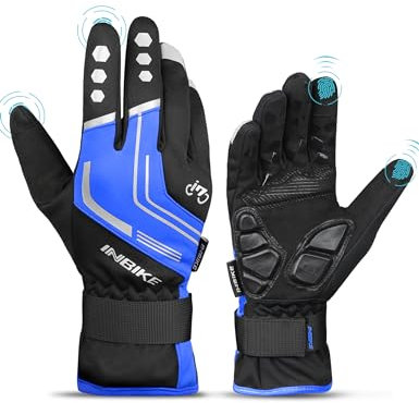 INBIKE Gants Velo Homme VTT Hiver Cyclisme de Route Chaud Thermique Impremeable Tactile Femme Gant Cycliste Chauffant Travail Gel Rembourre Coupe-Vent Bleu L