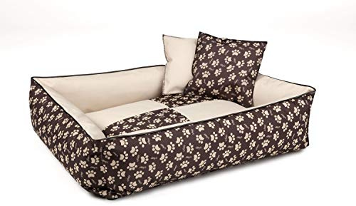 BedDog 2in1 Hundebett MAX Quattro, großes Hundekörbchen aus Cordura, waschbares Hundebett mit Rand, Hundesofa für drinnen, draußen, XL, Melange-Dog, beige-braun mit Pfoten