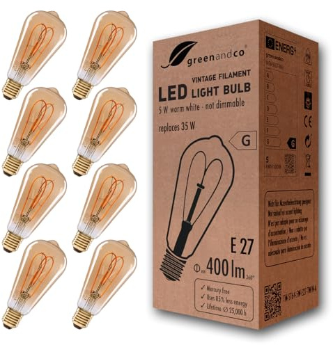 greenandco 8x E27 LED Vintage Glühbirne ST64 5W 400lm extra warmweiß, gold | Glühfaden Glühbirne E27 Vintage, 2000K, 360° Abstrahlwinkel, 230V, flimmerfrei, nicht dimmbar