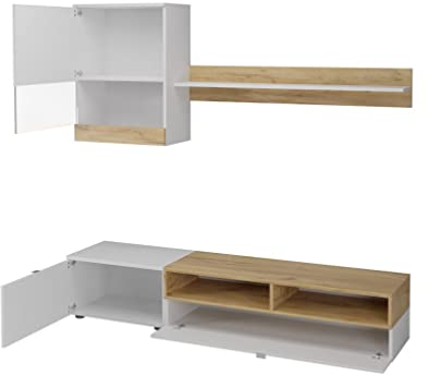 Wohnwand Andreas, Elegantes Wohnzimmer-Set als Anbauwand, griffloses Öffnen, bestehend aus TV-Lowboard, Hängevitrine, Wandregal mit viel Stauraum (weiß/Eiche Gold, ohne Beleuchtung)