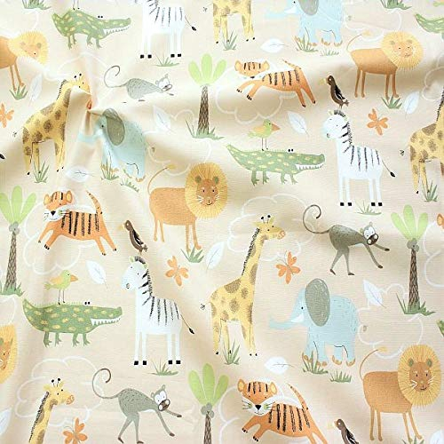 STOFFKONTOR 100% Bio Baumwollstoff bedruckt Safari Tiere - Öko-Tex Standard - Meterware, hell-elfenbein - zum Nähen von Bekleidung, Vorhängen, Bettwäsche, Dekorationen uvm.