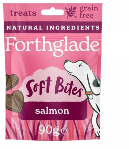 Forthglade Natural Dog Treats (8 x 90g Bags) - Hypoallergenic & Grain Free Dog Treats with Salmon, Hand-Baked Soft Bites, Resealable Bags