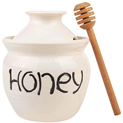 Honey Jar with a Dipper 16oz. Ceramic Honey Pot Made Out of Solid Clay Piece. Honey Container, and a Great Rustic Bowl for Gift (White) - Ceramic Beehive Honey Pot with Dipper.