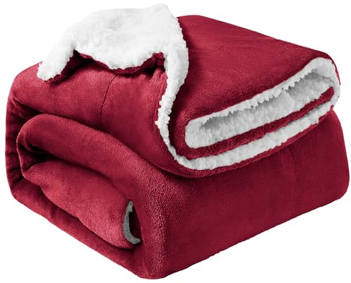 Oxford Homeware Sherpa Fleece Blanket Reversible Throw Blankets Soft Fluffy Thick Blankets Microfiber Plush Blanket for Bed, Couch (Burgundy, Single (130 x 150 Cm))