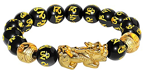 Katomi schwarzes Feng Shui Perlenarmband chinesisches Pi Xiu Armband Obsidian Reichtum Armband mit handgeschnitztem Amulett für Glück Reichtum Geschenke für Männer und Frauen