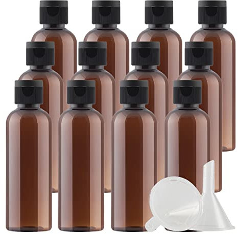 ZEOABSY 12 Piezas 100 ml Botellas con Flip-Top, Redondo Botes de Plástico Pet Marrón con Tapa Abatible Negro, Botella de Viaje Rellenables para Cosmética