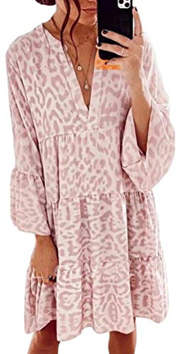 ORANDESIGNE Damen Kleider Strandkleid Boho Tunika Sommerkleid V-Ausschnitt Blumenkleid Lose A-Linie 3/4-Arm Tunika Mini Kleider