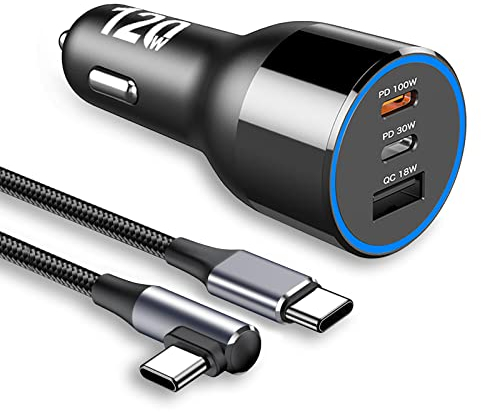 120W Auto Ladegerät USB C,12V/24V Zigarettenanzünder USB mit 3 Ports PD 100W 30W,PPS 45W,QC 18W Kfz Ladegerät Adapter,für MacBook Pro Air Laptop iPhone 15 14 Samsung S24 S23(mit 100W USB-C Kabel)