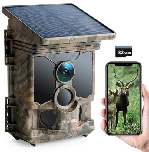 Solar WLAN Bluetooth Wildkamera Handyübertragung, CEYOMUR 4K 30fps 46MP Jagdkamera, mit Bewegungsmelder Nachtsicht IP66 Wasserdicht für Wildtier Überwachung mit U3 32GB Micro SD-Karte